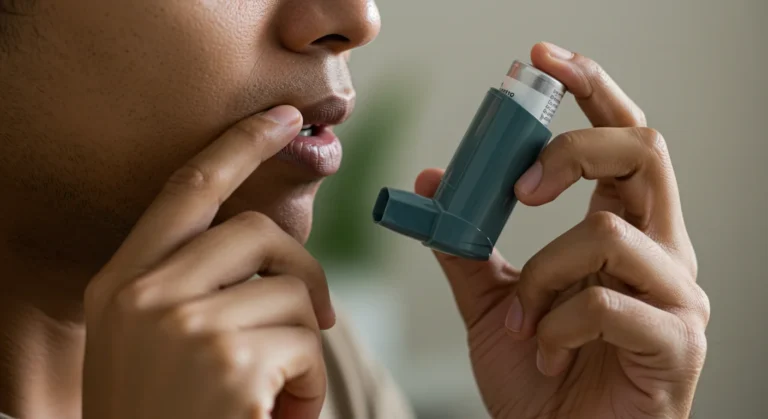 mujer aspirando medicina para el ASMA